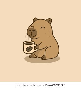Ilustração vetor bonito de uma capivara desfrutando de uma xícara quente de café, perfeito para temas acolhedores e relaxantes.
