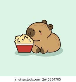Cute vector illustration of a capybara enjoying popcorn, perfect for fun and cozy designs.