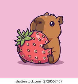 Cute Vector Illustration of a Capybara Holding Oversized Strawberry on Pink Background