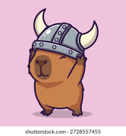 Linda Ilustración vectorial de un capibara con casco vikingo sosteniendo cuernos con los ojos cerrados sobre fondo rosa