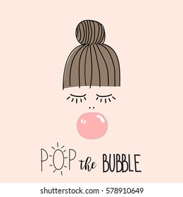 Cute vector illustration card of beautiful girl with good hair blowing bubblegum. Fun template for party with sweet pink balloon. Lettering text.