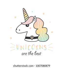 Cute vector illustration, card or poster with colorful hand drawn unicorn.
