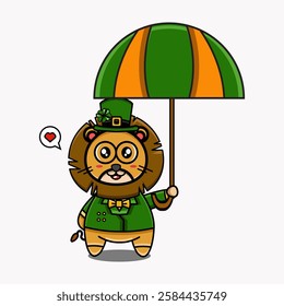 cute vector illustration of carton mascot st patrick's lion holding an umbrella