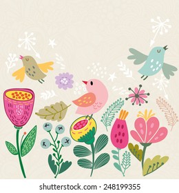 Cute vector illustration of cartoon Birds and flowers.Stylish floral card. Summer or spring background in gentle colors.