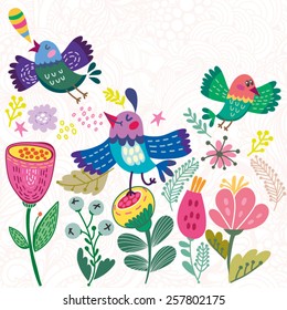 Cute vector illustration of cartoon Birds and flowers.Stylish floral card. Summer or spring background in bright colors.