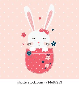 Cute vector illustration with cartoon bunny girl in the pocket