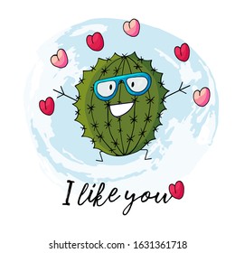 Cute vector illustration. Cartoon cactus. Hearts, love