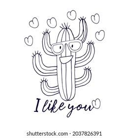 Cute vector illustration. Cartoon cactus. Hearts, love