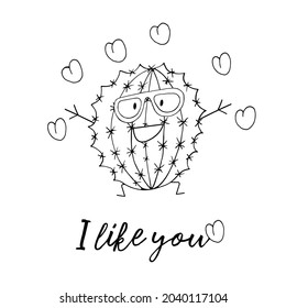 Cute vector illustration. Cartoon cactus. Hearts, love
