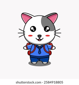 cute vector illustration of a cartoon cat mascot with a smiling face cosplaying wearing school clothes