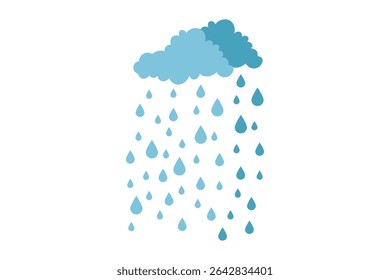 Cute vector illustration of cartoon clouds with falling colorful rain drops, child-friendly weather design, seamless pastel background, whimsical rainy sky, flat style nature scene for kids

