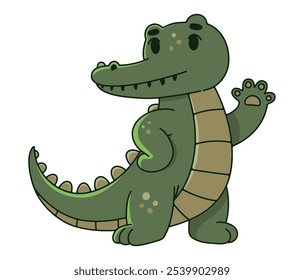 A cute vector illustration of a cartoon crocodile waving his paw. Perfect for children's books, educational materials, printed products and product design.