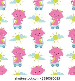 cute vector illustration with cartoon dragon riding scooter, cartoon seamless pattern of funny dinosaur in childish style, concept travel adventure