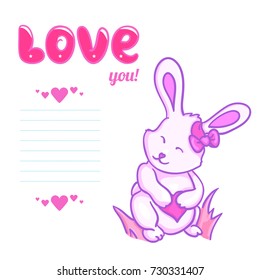 Cute vector illustration with a cartoon Easter bunny in a patch of grass with a valentine card and Love you text. Pink design template with a place for your message.