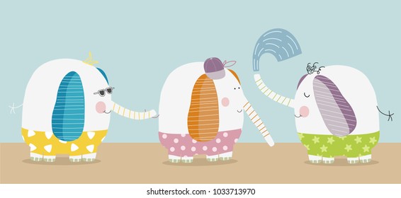 Cute vector illustration of cartoon elephants  enjoy summer vacation wearing swimsuits at the sea. Set of graphic elements for kids. Childish drawing elephant. Greeting card, nursery, invitation. 