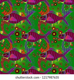 Cute vector illustration with cartoon fish. Nice fish seamless pattern in purple, green and red colors.