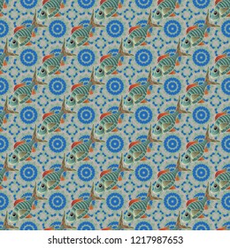 Cute vector illustration with cartoon fish. Nice fish seamless pattern in beige, blue and green colors.