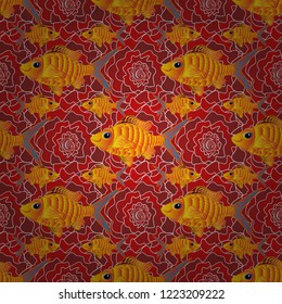 Cute vector illustration with cartoon fish. Nice fish seamless pattern in orange, red and yellow colors.