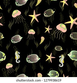 Cute vector illustration with cartoon fish. Nice fish seamless pattern in green, beige and black colors.