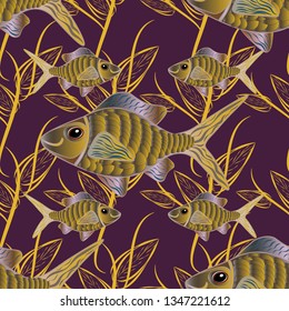 Cute vector illustration with cartoon fish. Nice fish seamless pattern in gray, brown and yellow colors.