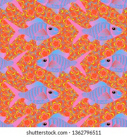 Cute vector illustration with cartoon fish. Nice fish seamless pattern in orange, blue and pink colors.