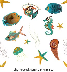 Cute vector illustration with cartoon fish. Nice fish seamless pattern in orange, white and blue colors.