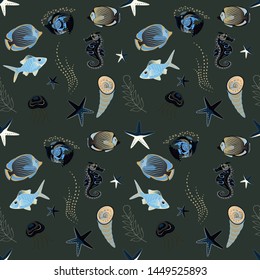 Cute vector illustration with cartoon fish. Nice fish seamless pattern in blue, gray and black colors.