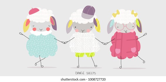 Cute vector illustration of cartoon fluffy dancing sheep wearing in casual in the spring summer time. Set of graphic elements for kids. Childish hand drawn lamb. Greeting card, invitation, fabric. 