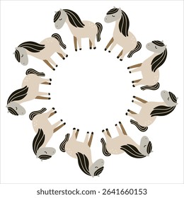 Cute vector illustration of cartoon horses arranged in a round frame. Isolated on a white background. Perfect for children's designs, prints, stickers, cards and nursery decor.