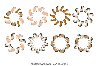 Cute vector illustration of cartoon horses arranged in a round frame. Isolated on a white background. Perfect for children's designs, prints, stickers, cards and nursery decor.