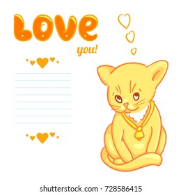 •	Cute vector illustration with a cartoon kitten with a bell around its neck and Love you text. Yellow design template with a place for your message.