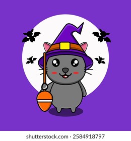 cute vector illustration of a cartoon mascot of a witch cat with a smile face holding a flying broomstick