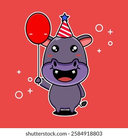 cute vector illustration of a cartoon mascot of a hippo holding a balloon