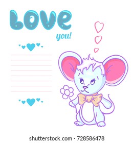 Dibujo vectorial de corte con un ratón de caricatura con una flor de manzanilla y Love you text. Plantilla de diseño azul con un lugar para el mensaje.
