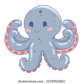 Cute vector illustration of a cartoon octopus with a smile and curled tentacles. Perfect for kids' projects, marine themes, product design or educational materials that need a funny marine character.