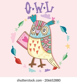 Cute vector illustration of cartoon Owl with wreath.