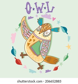 Cute vector illustration of cartoon Owl with wreath.