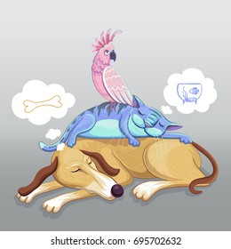 Cute vector illustration with cartoon pets. Dog, the cat lie on top of each other and the parrot sits on top