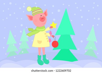 Cute vector illustration with cartoon pig - symbol of Chinese New Year 2019 on winter Christmas background. heart shaped piglet is decorating fir tree. Can be used for your calendar design