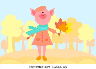 Cute vector illustration with cartoon pig - symbol of Chinese New Year 2019 on autumn background. Piglet in coat, scarf, beret and shoes with colorful maple leaves Can be used for your calendar design