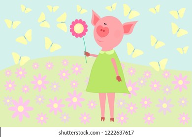 Cute vector illustration with cartoon pig - symbol of Chinese New Year 2019 on spring or summer background. Piglet with flower on the meadow among the butterflies Can be used for your calendar design