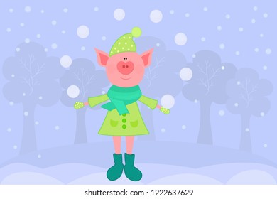 Cute vector illustration with cartoon pig - symbol of Chinese New Year 2019 on winter background. Piglet is playing with snow. Can be used for your calendar design