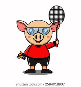 cute vector illustration of a cartoon pig mascot playing badminton