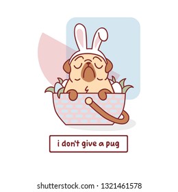 cute vector illustration with cartoon pug dog sitting in easter basket with eggs and with rabbit ears on head. colorful easter card design