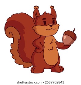 Cute vector illustration of a cartoon squirrel holding an acorn. Perfect for children's books, autumn projects, product design or as a decorative element for educational materials.