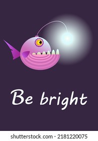 cute vector illustration. Cartoon style angler fish design with be bright lettering. Purple lantern fish for postcards, ads, calendars, posters, etc.