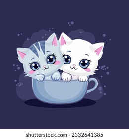 Cute vector illustration in cartoon style. Two kittens sitting in a tea mug. Gray and white kitten with big eyes. Vector illustration for printing on children's products