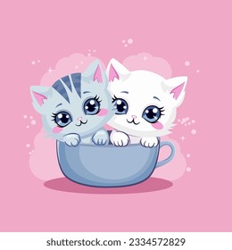 Cute vector illustration in cartoon style. Two kittens sitting in a tea mug. Gray and white kitten with big eyes. Vector illustration for printing on children's products