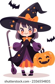 Cute vector illustration in cartoon style. A girl in a witch costume holding a broom and a pumpkin. Children's illustration for Halloween holiday 