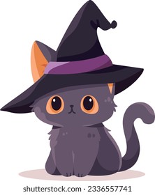 Cute vector illustration in cartoon style. Black cat in a witch's hat. Children's illustration for Halloween holiday 